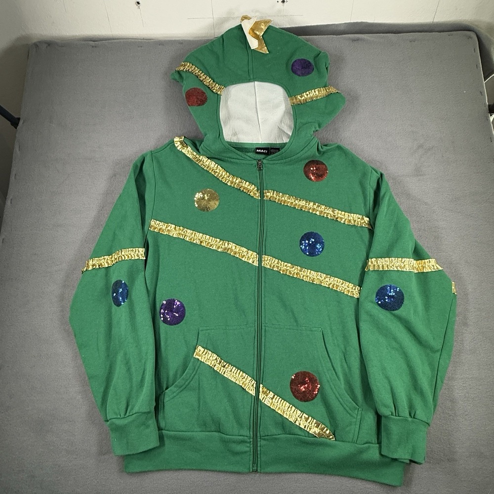 Mad Engine Christmas Tree Hoodie with Balls and Stars‎ Green Zip-Up Jacket XL